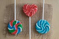 Three colorful sugar lollipops Royalty Free Stock Photo