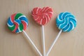 Three colorful sugar lollipops Royalty Free Stock Photo