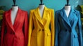 Three colorful suits on mannequins in front of a green wall, AI Royalty Free Stock Photo