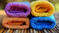 Three colorful towels are stacked on a bamboo mat, AI Royalty Free Stock Photo