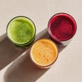 Three colorful vegetable and fruit smoothies in jars Royalty Free Stock Photo