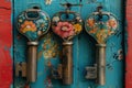 Three Colorful Vintage Keys Hanging on Beautifully Weathered Blue Wall with Charming Floral Details Royalty Free Stock Photo