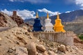 Three colourful buddhist religious stupas at Basgo, Leh, Ladakh, Jammu and Kashmir, India.