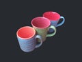 Three colourful ceramic handmade mugs for tea coffee beverages.