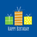 Three Colourful Hand Drawn Gift Boxes Isolated On A Blue Background, With Happy Birthday Text
