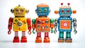 Three Colourful Surreal Retro Tin Robots on a white background Royalty Free Stock Photo