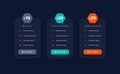 three column pricing chart table layout for web menu or tariff