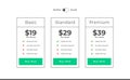 three column pricing table template for web tariff or menu