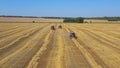 Three combines thresh the wheat.