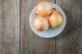 Three common onion bulbs on white plate Royalty Free Stock Photo