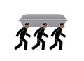 Three common people carry a coffin and dance