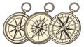 Three compasses, navigation tools, direction, adventure, global travel, vector design Generative AI Royalty Free Stock Photo