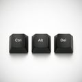 Three computer keyboard keys labeled ctrl, alt, and del in a minimalist design Royalty Free Stock Photo