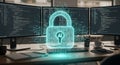 Three computer monitors display complex code, suggesting a cybersecurity them Royalty Free Stock Photo