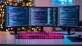 Three computer monitors displaying code and a pink keyboard illuminating a festive workspace for programming and software Royalty Free Stock Photo