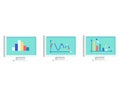 Three computer monitors displaying colorful bar, line, and pie charts. Animated data analysis graphics on screens vector Royalty Free Stock Photo