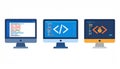 Three computer monitors displaying varying stages of code develo Royalty Free Stock Photo