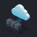 Three computer servers connect to a stylized blue and white cloud via blue cables, Royalty Free Stock Photo