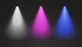 Three cone lights from top with darkened edges - white, purple and blue Royalty Free Stock Photo