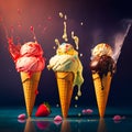 three cones of ice cream with sprinkles and strawberries, generative AI Royalty Free Stock Photo