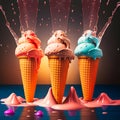 three cones of ice cream with sprinkles and strawberries, generative AI Royalty Free Stock Photo