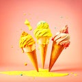 three cones of ice cream with sprinkles and strawberries, generative AI Royalty Free Stock Photo