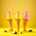 three cones of ice cream with sprinkles and strawberries, generative AI Royalty Free Stock Photo