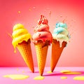 three cones of ice cream with sprinkles and strawberries, generative AI Royalty Free Stock Photo