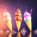 three cones of ice cream with sprinkles and strawberries, generative AI Royalty Free Stock Photo