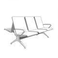 Three connected seats with a minimalist design, featuring angular armrests and sleek