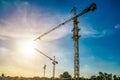 Three construction cranes in a row, against sunlight with beautiful blue sky. Royalty Free Stock Photo