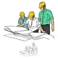 Three construction engineer looking at blueprint in constructio