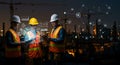 Three Construction Workers Utilizing Advanced Technology for Efficient Project Management at Night Royalty Free Stock Photo