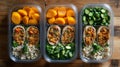 Three Containers of Healthy Meal Prep: Quinoa, Vegetables, and Stuffed Meat Royalty Free Stock Photo