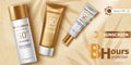 Three containers with water resistant sunscreen laying on beige glitter cloth. Eight hours of UVA and UVB protection. 3D