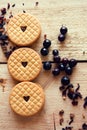 Three cookies with a heart with black currant berries