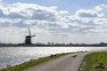 Three coots are fighting on the cycle path along the lake De Rottemeren near windmill Tweemanspolder nr 4 on a sunny and windy day Royalty Free Stock Photo