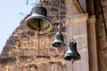 Three copper bells hanging from the ceiling in Church of Dormition, Vardzia, Georgia Royalty Free Stock Photo