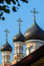 Three Copper Domes with Gilded Crosses Royalty Free Stock Photo