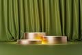 three copper stands or pedestals on a green floor and a green curtain in the background