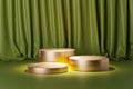 Three copper stands or pedestals on a green floor and a green curtain in the background