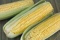 Three corn cobs with the husk lying on a mat Royalty Free Stock Photo