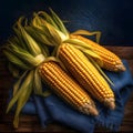 Three corn cobs with leaves on navy blue fabric, wooden boards. Corn as a dish of thanksgiving for the harvest Royalty Free Stock Photo