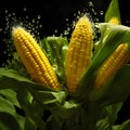 Three corn cobs on a plant and drops of water black background. Corn as a dish of thanksgiving for the harvest Royalty Free Stock Photo