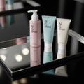 Three cosmetic products are arranged on a reflective black surface Royalty Free Stock Photo
