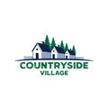 three cottage home stay line up beside the country road in front of pine tree forest vector logo design