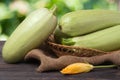 Three courgettes with a flower on sackcloth wooden background Royalty Free Stock Photo