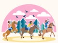 Three cowboys on horseback in Texas. In minimalist style. Flat isometric raster