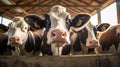 Three cows in a bright stall on a dairy farm.