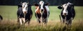 Three cows on a farm. Generative AI,